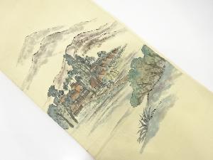 アンティーク　作家物　手描きふくれ織田舎風景模様織出し袋帯（材料）
